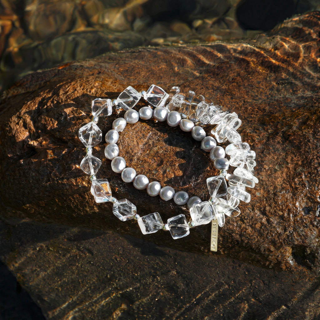 Gray Freshwater Pearl & Clear Quartz Double-Wrap Bracelet