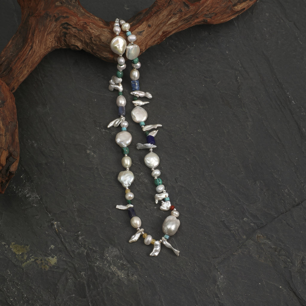 Baroque Pearl, Turquoise & Lapis Necklace