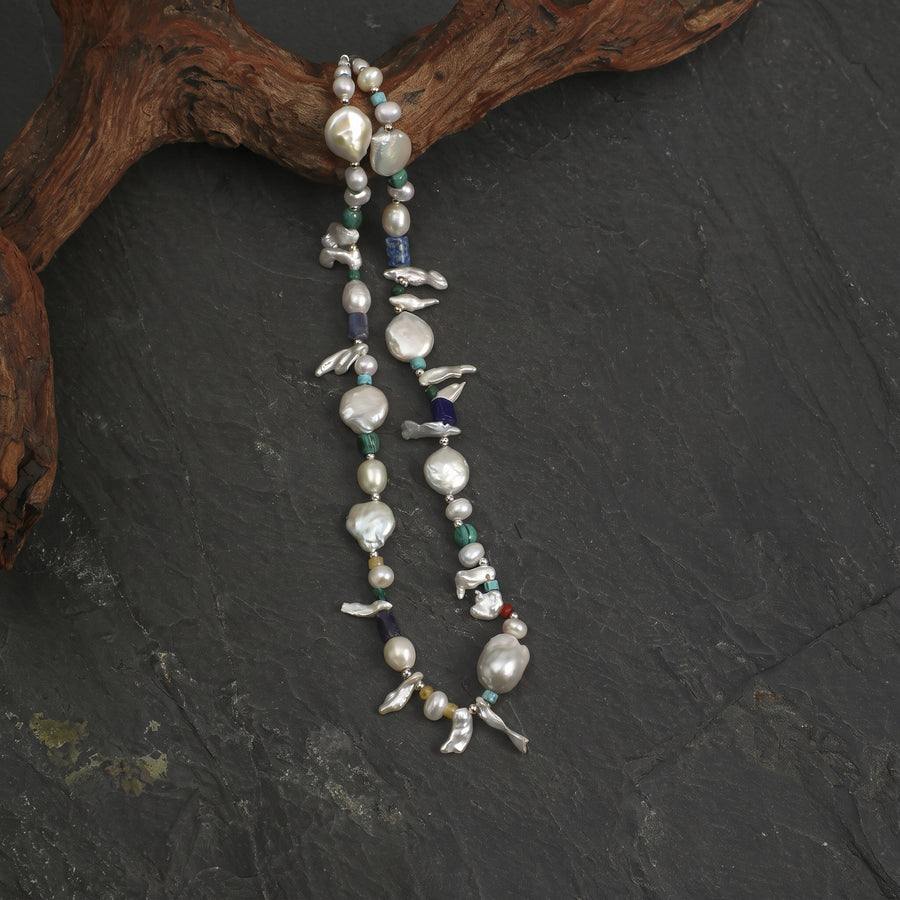 Baroque Pearl, Turquoise & Lapis Necklace