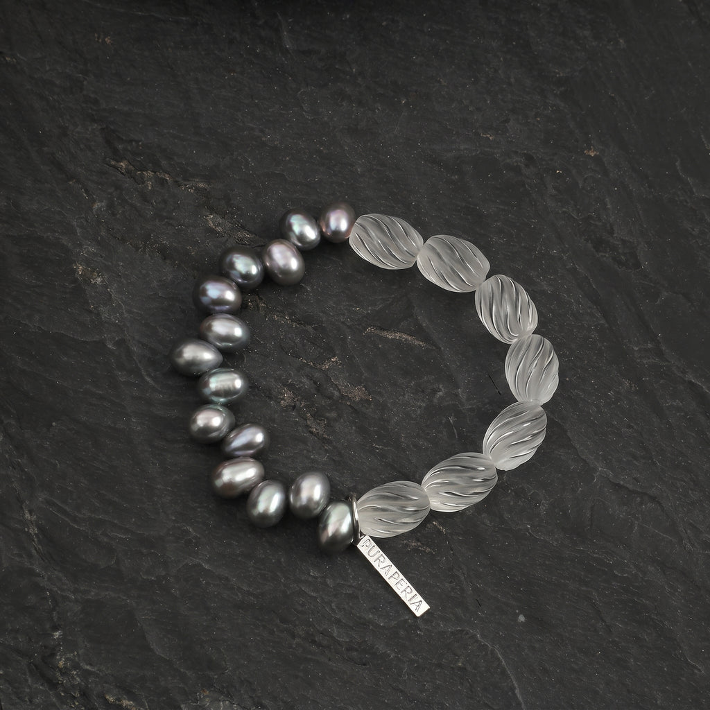 Asymmetric Gray Pearl & Carved Clear Quartz Bracelet
