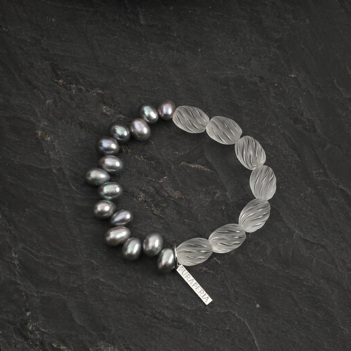 Asymmetric Gray Pearl & Carved Clear Quartz Bracelet