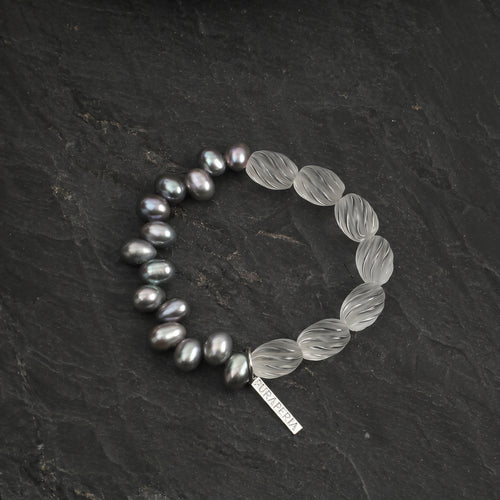 Asymmetric Gray Pearl & Carved Clear Quartz Bracelet