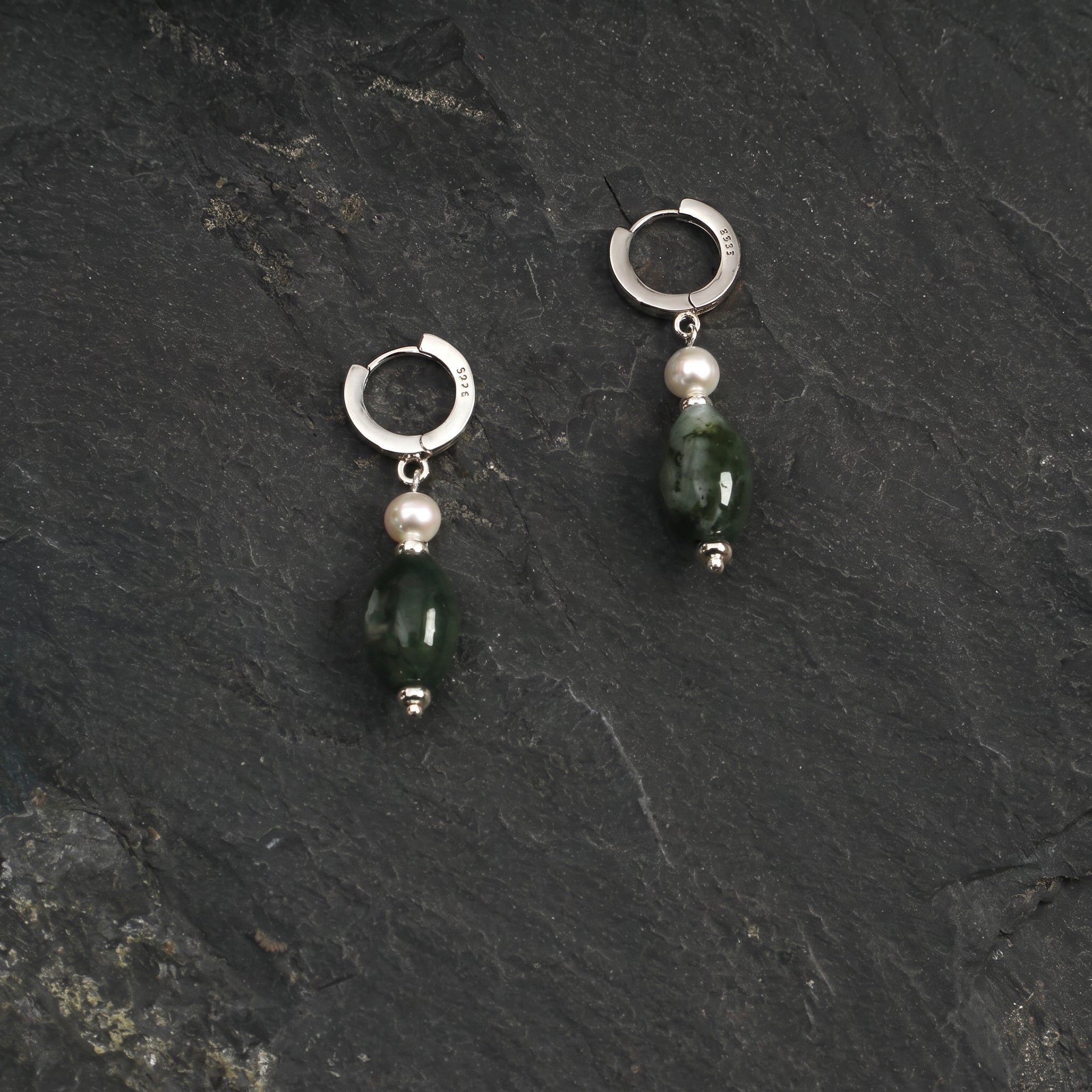 Moss Agate & Freshwater Pearl Drop Earrings