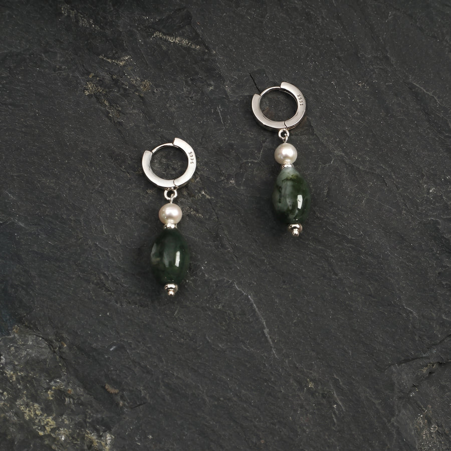 Moss Agate & Freshwater Pearl Drop Earrings