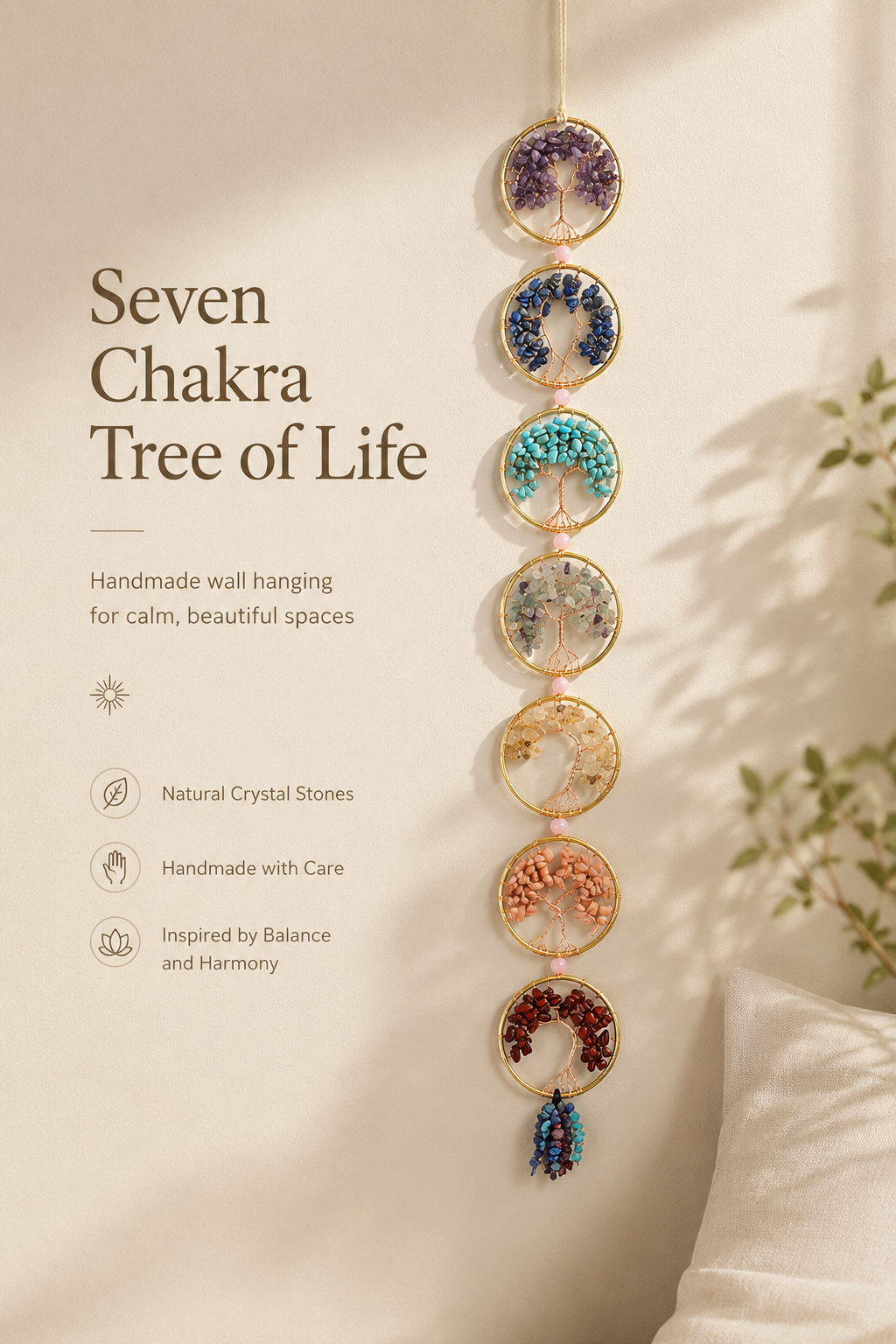 Seven Chakra Tree of Life Wall Hanging — Handmade Crystal Decor