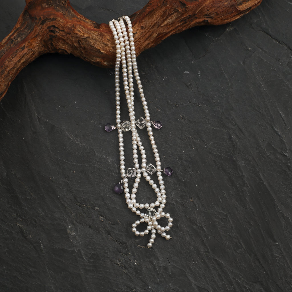 Double-Strand Pearl, Amethyst & Clear Quartz Necklace