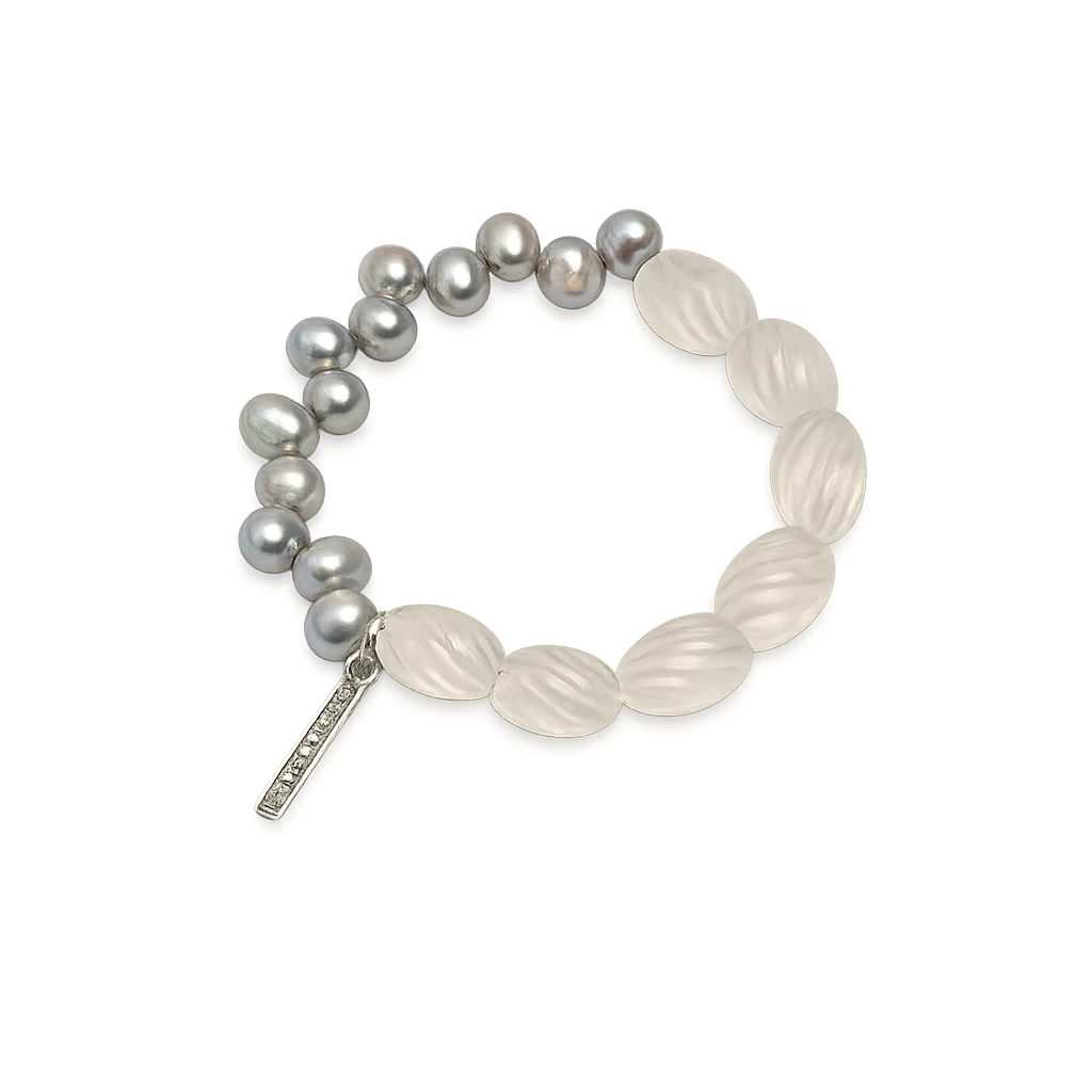 Asymmetric Gray Pearl & Carved Clear Quartz Bracelet