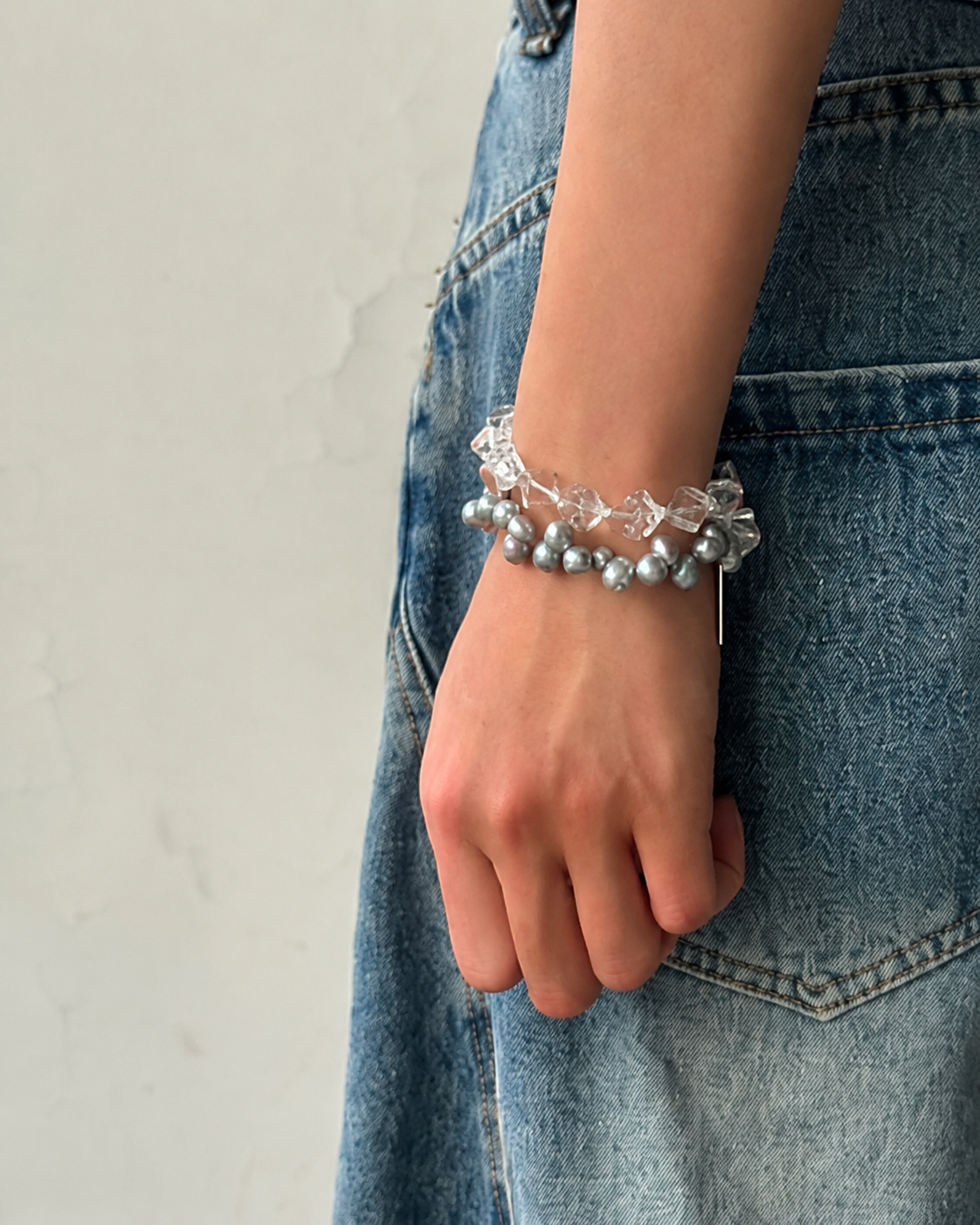 Gray Freshwater Pearl & Clear Quartz Double-Wrap Bracelet