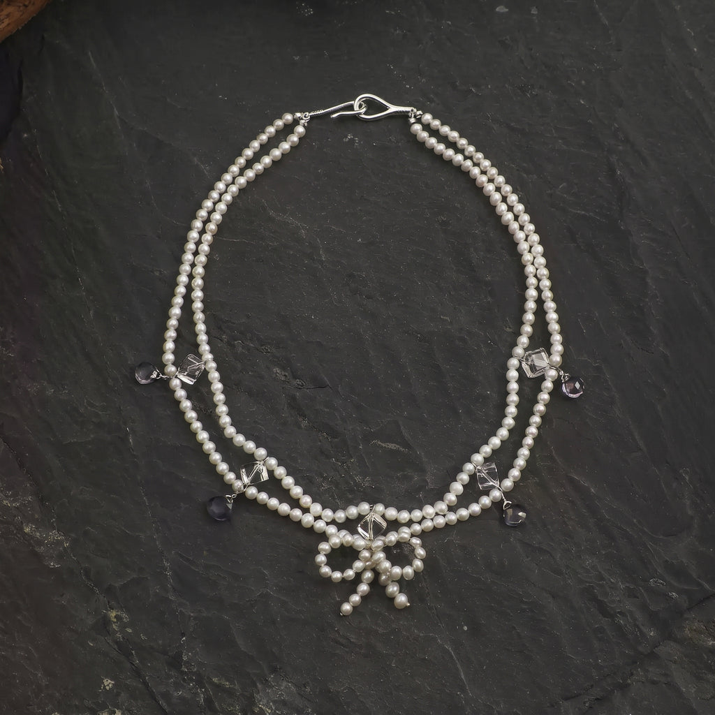 Double-Strand Pearl, Amethyst & Clear Quartz Necklace – alternate view 2
