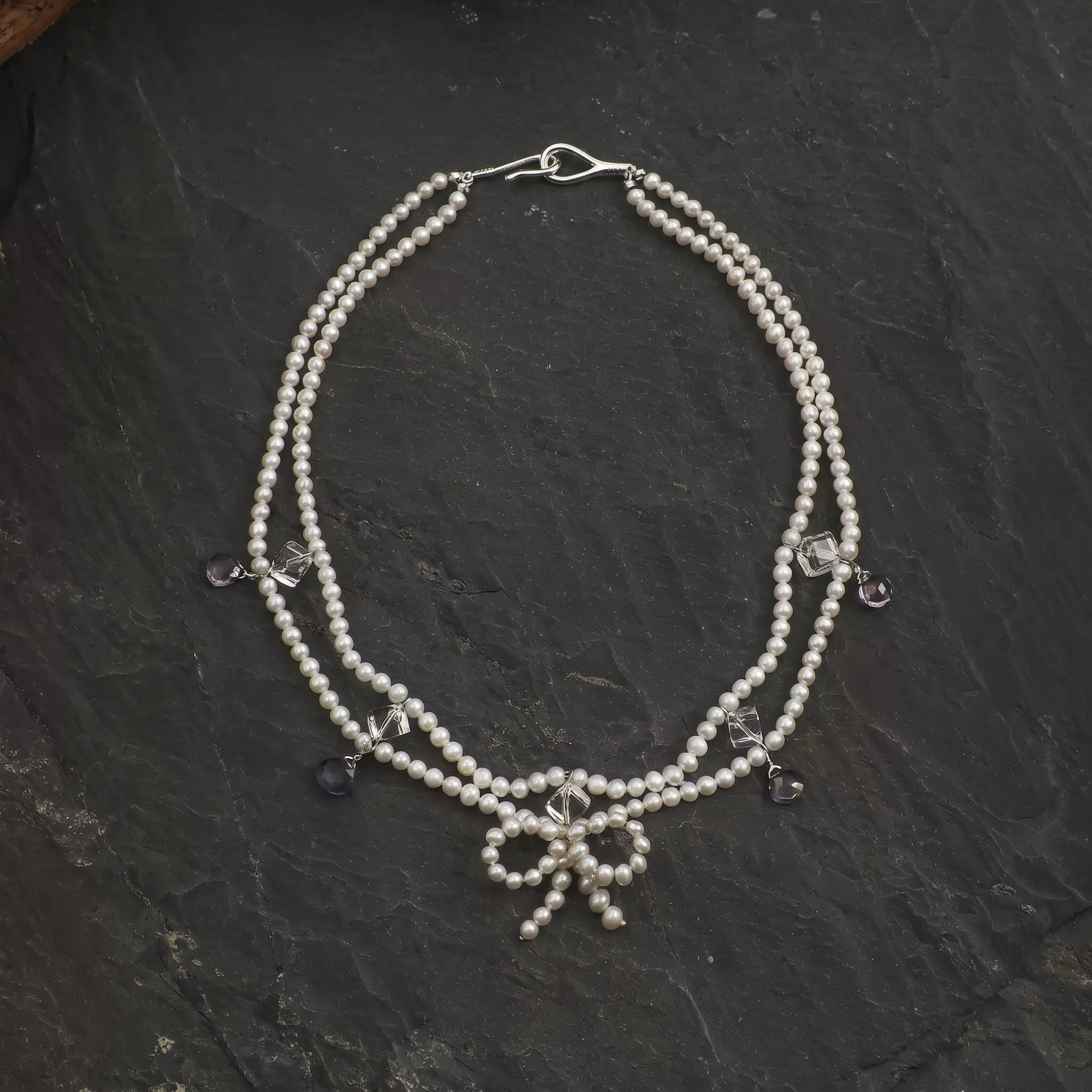 Double-Strand Pearl, Amethyst & Clear Quartz Necklace – alternate view 2