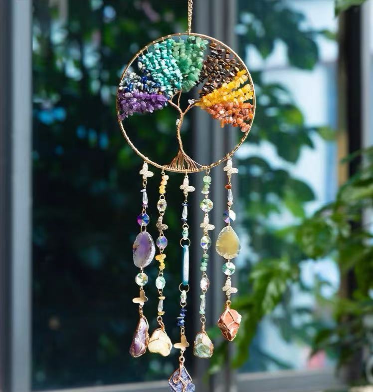 Bohemian Tree of Life Sun Catcher Wall Hanging – Handmade Crystal Dreamcatcher Decor