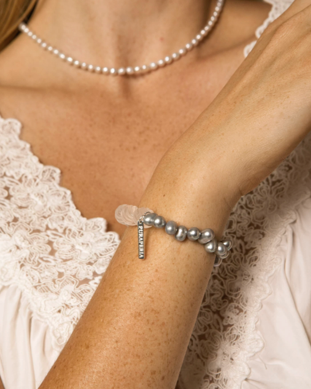 Asymmetric Gray Pearl & Carved Clear Quartz Bracelet