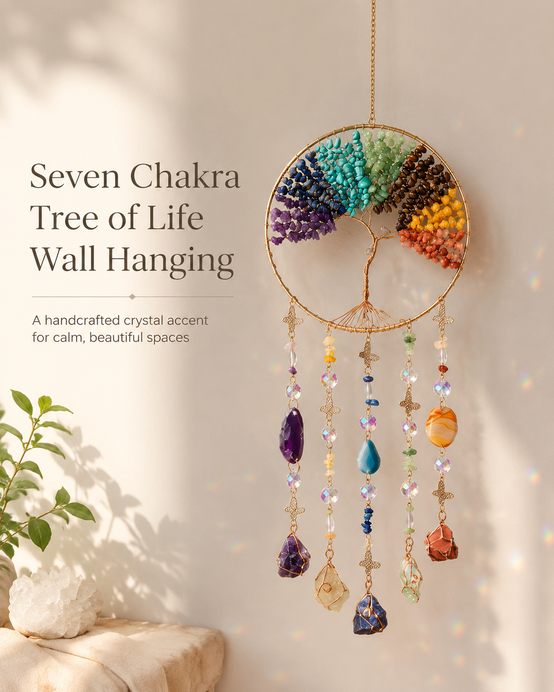 Bohemian Tree of Life Sun Catcher Wall Hanging – Handmade Crystal Dreamcatcher Decor