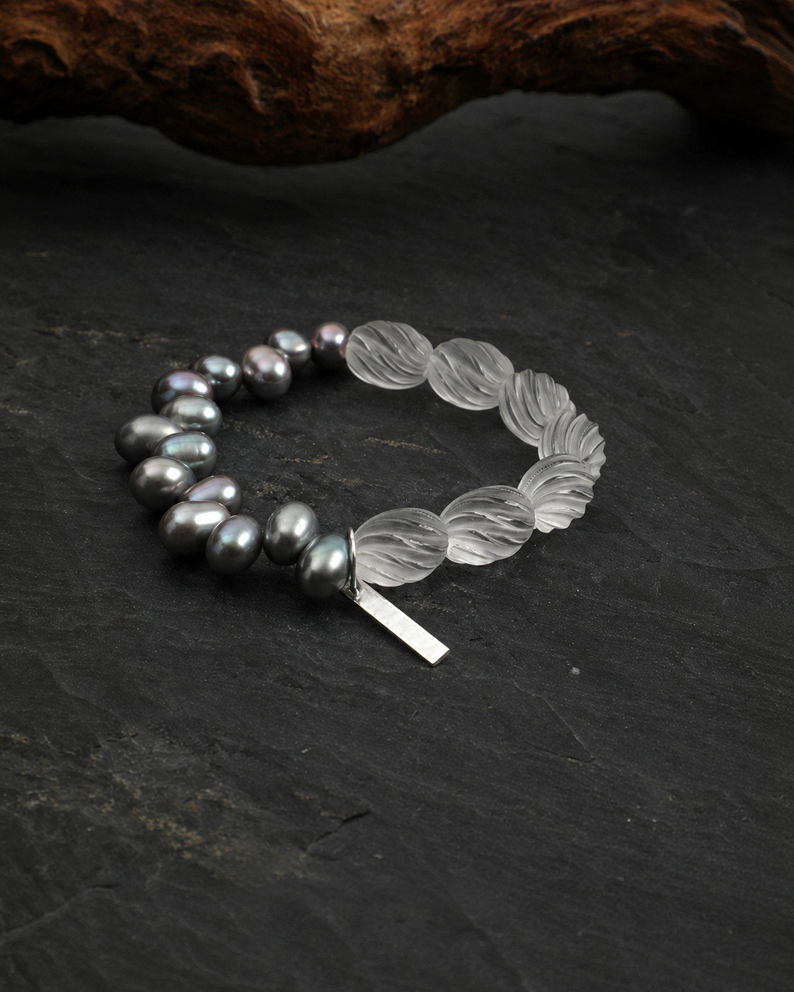 Asymmetric Gray Pearl & Carved Clear Quartz Bracelet