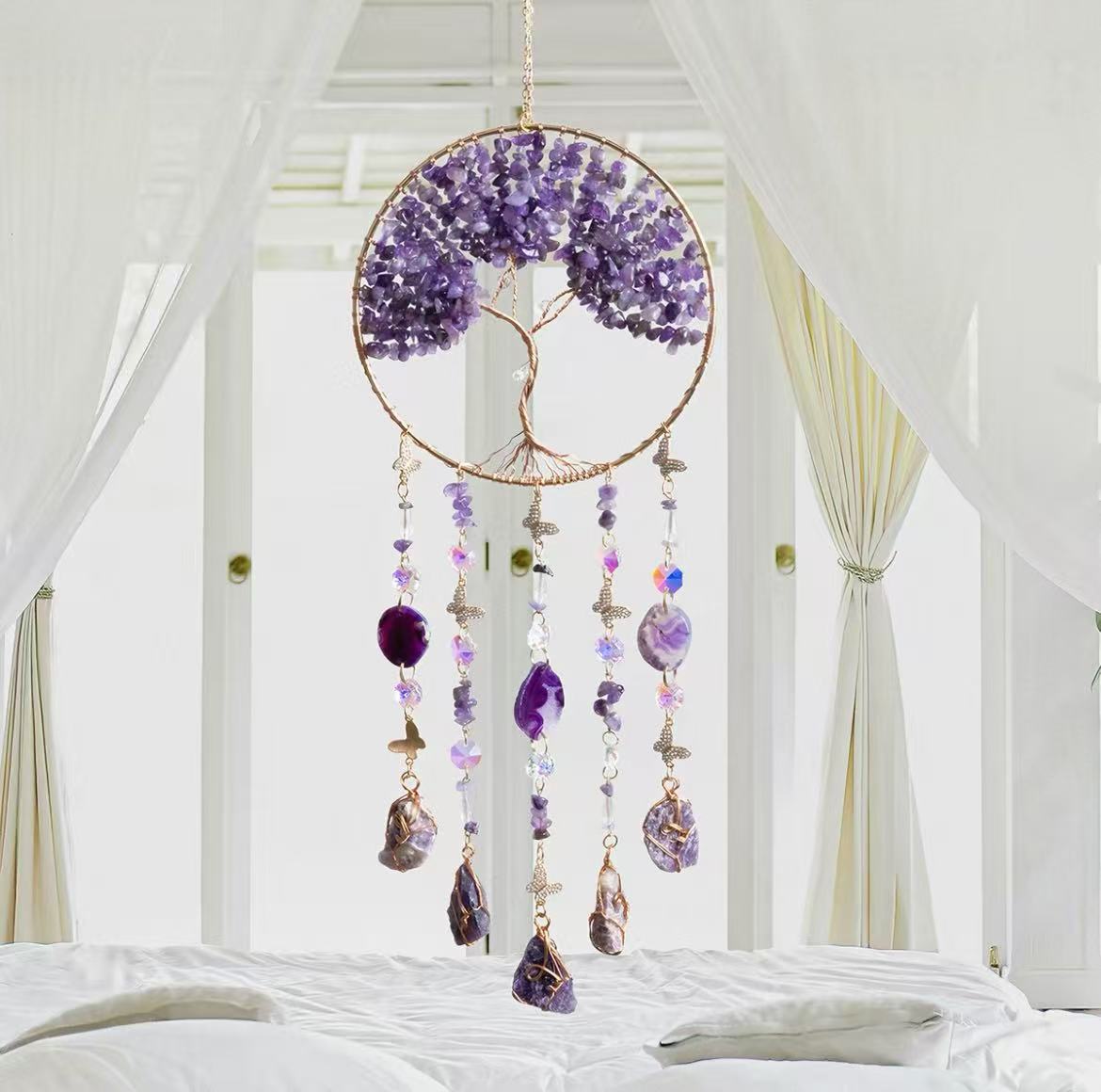 Bohemian Tree of Life Sun Catcher Wall Hanging – Handmade Crystal Dreamcatcher Decor