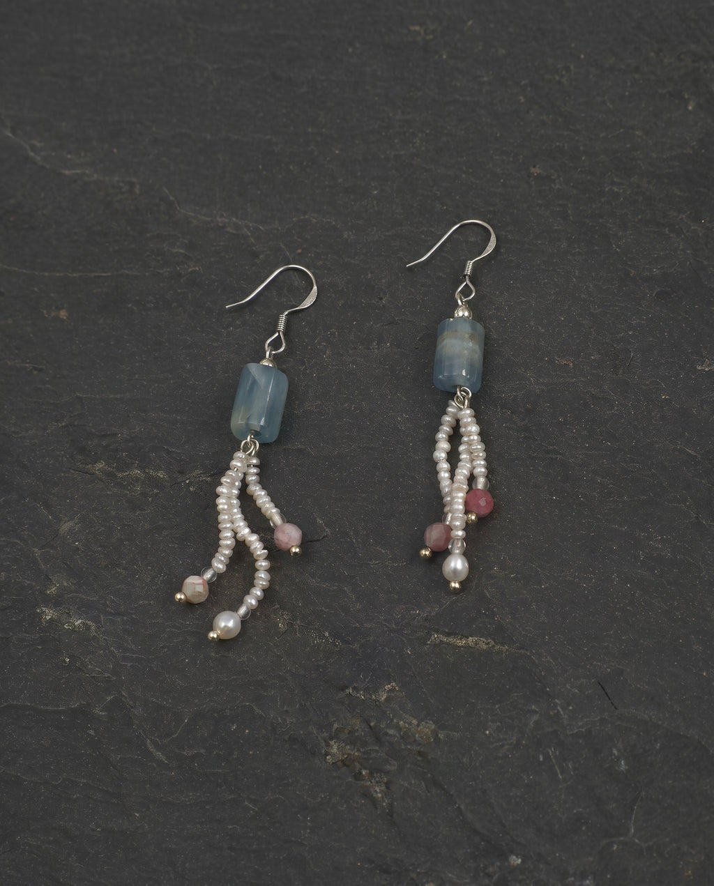Blue Calcite, Tourmaline & Pearl Tassel Earrings