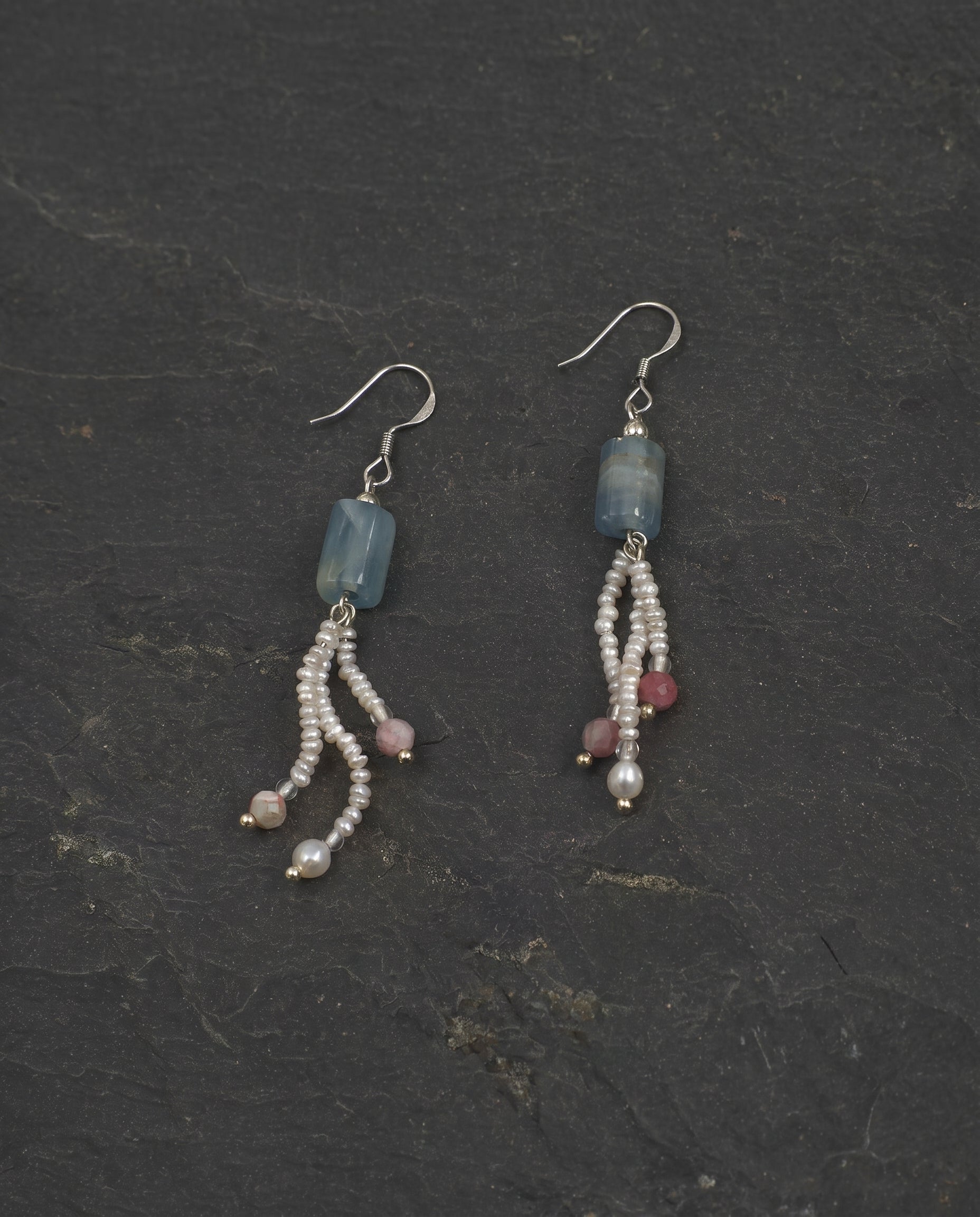 Blue Calcite, Tourmaline & Pearl Tassel Earrings