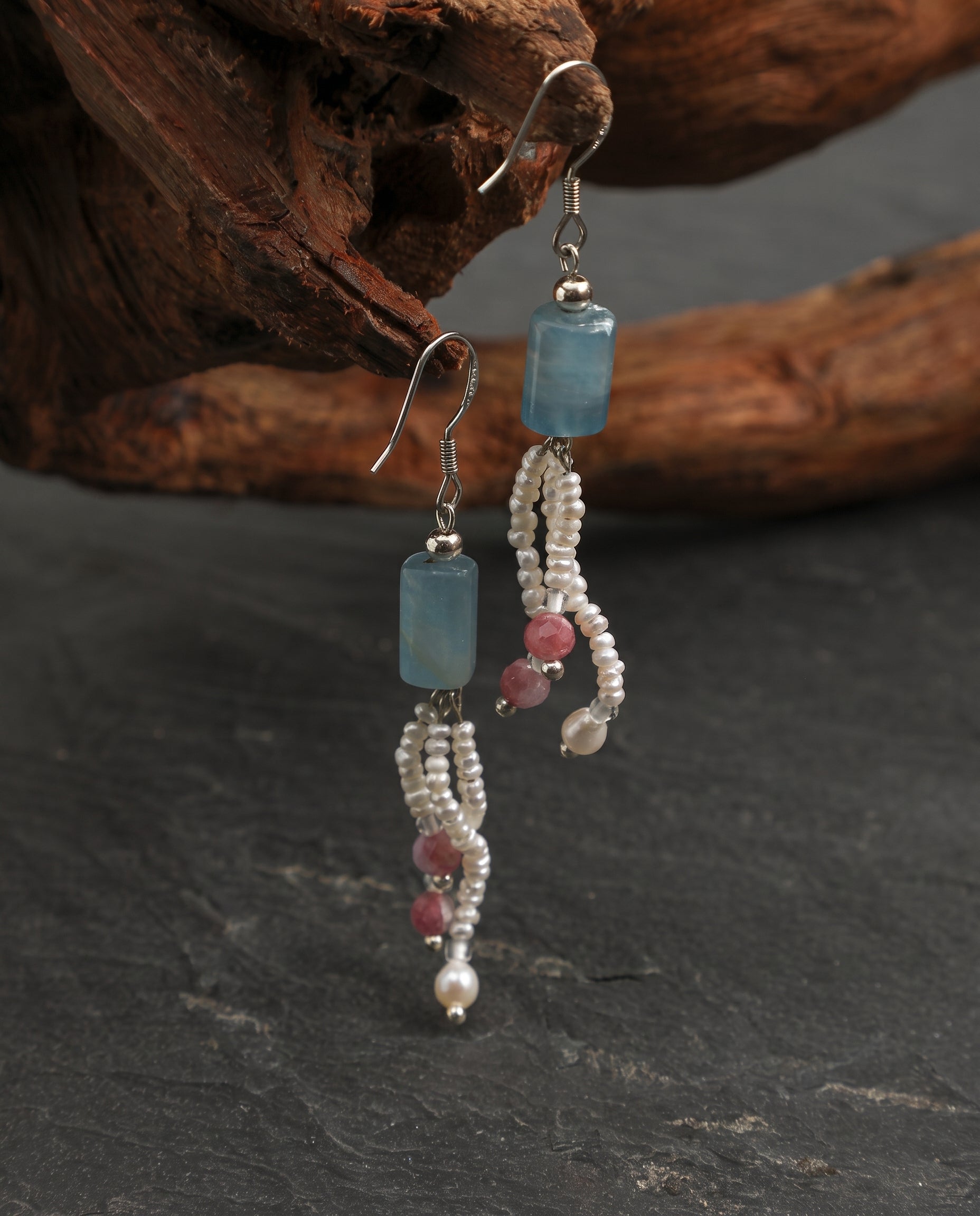 Blue Calcite, Tourmaline & Pearl Tassel Earrings