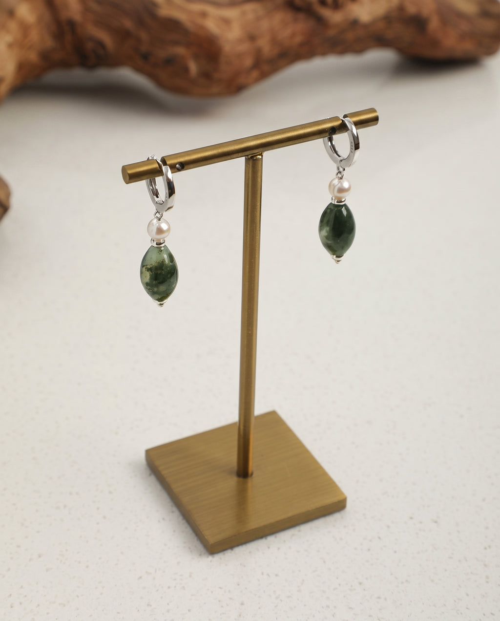 Moss Agate & Freshwater Pearl Drop Earrings