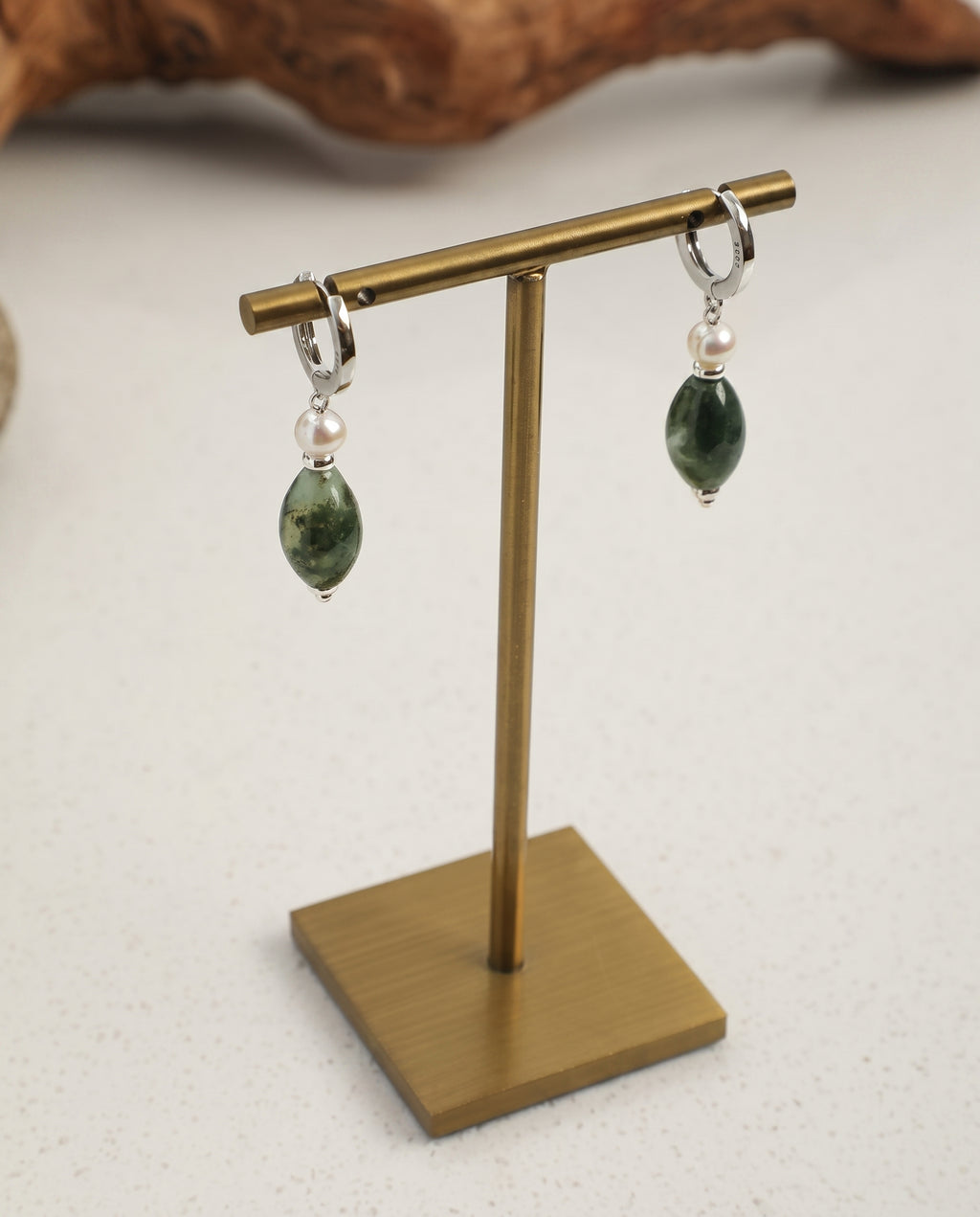 Moss Agate & Freshwater Pearl Drop Earrings