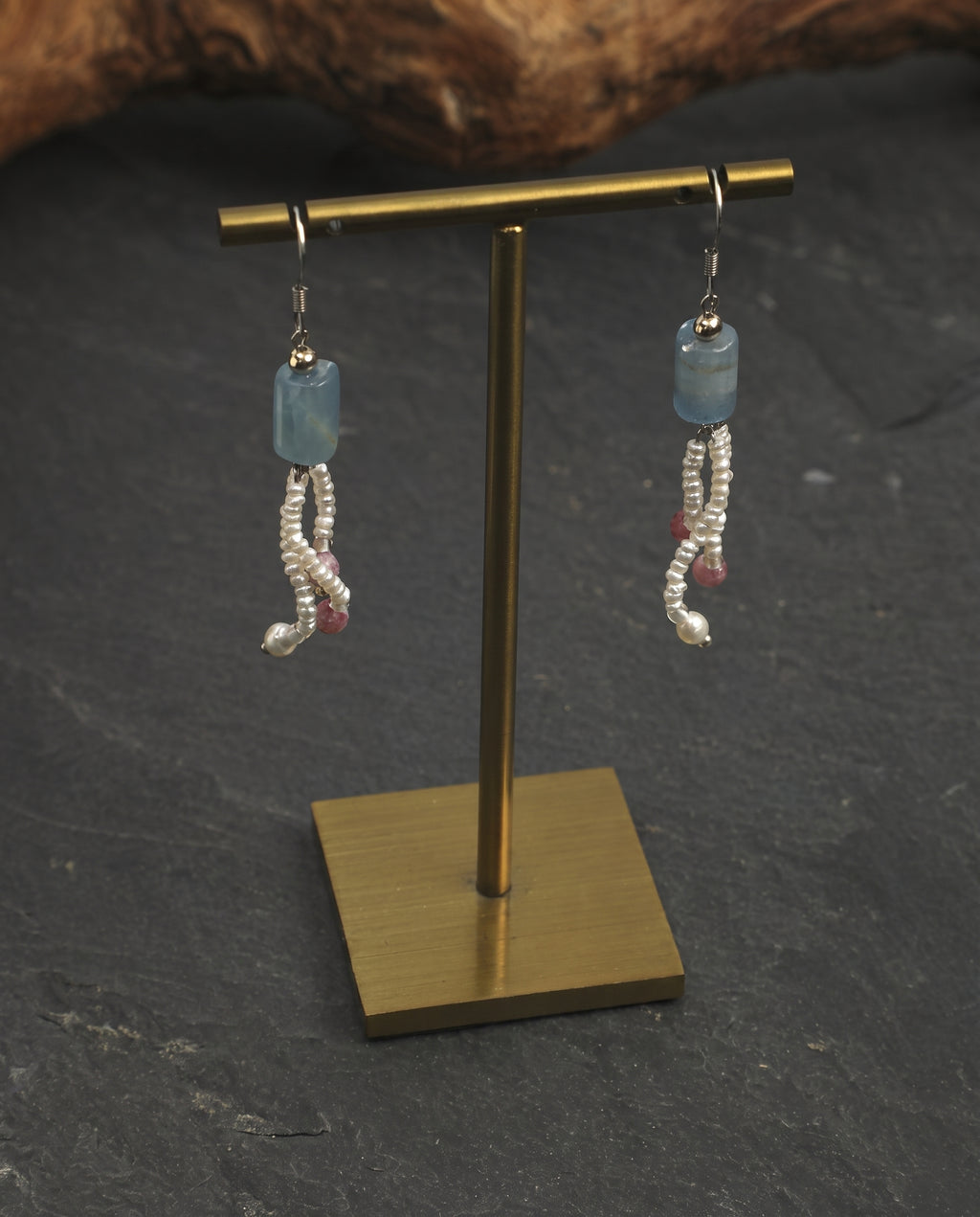 Blue Calcite, Tourmaline & Pearl Tassel Earrings