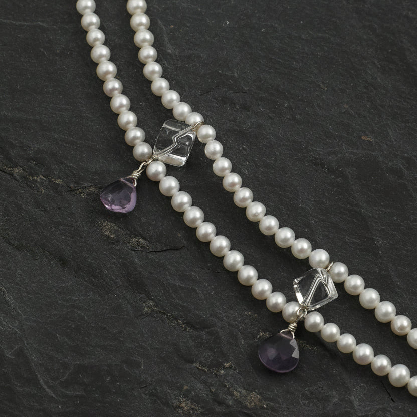 Double-Strand Pearl, Amethyst & Clear Quartz Necklace – alternate view 4