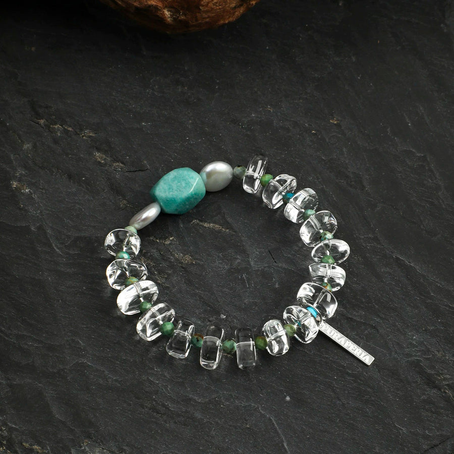 Natural Clear Quartz, Amazonite & Baroque Pearl Bracelet