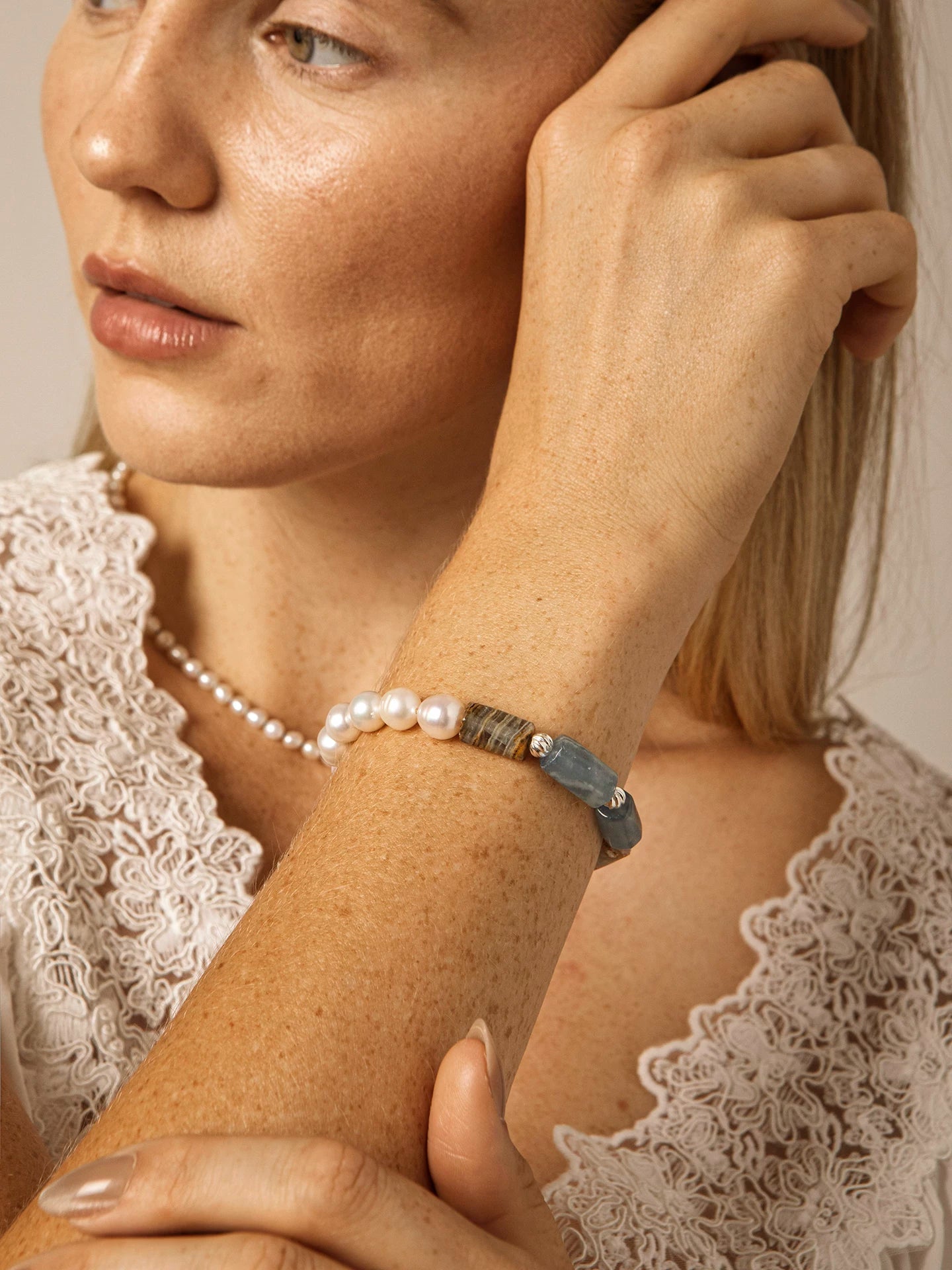 Blue Calcite & Freshwater Pearl Bracelet – alternate view 2
