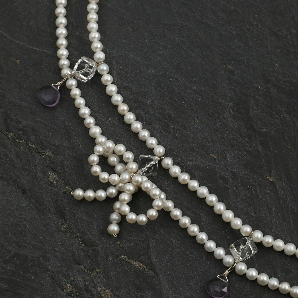Double-Strand Pearl, Amethyst & Clear Quartz Necklace – alternate view 5