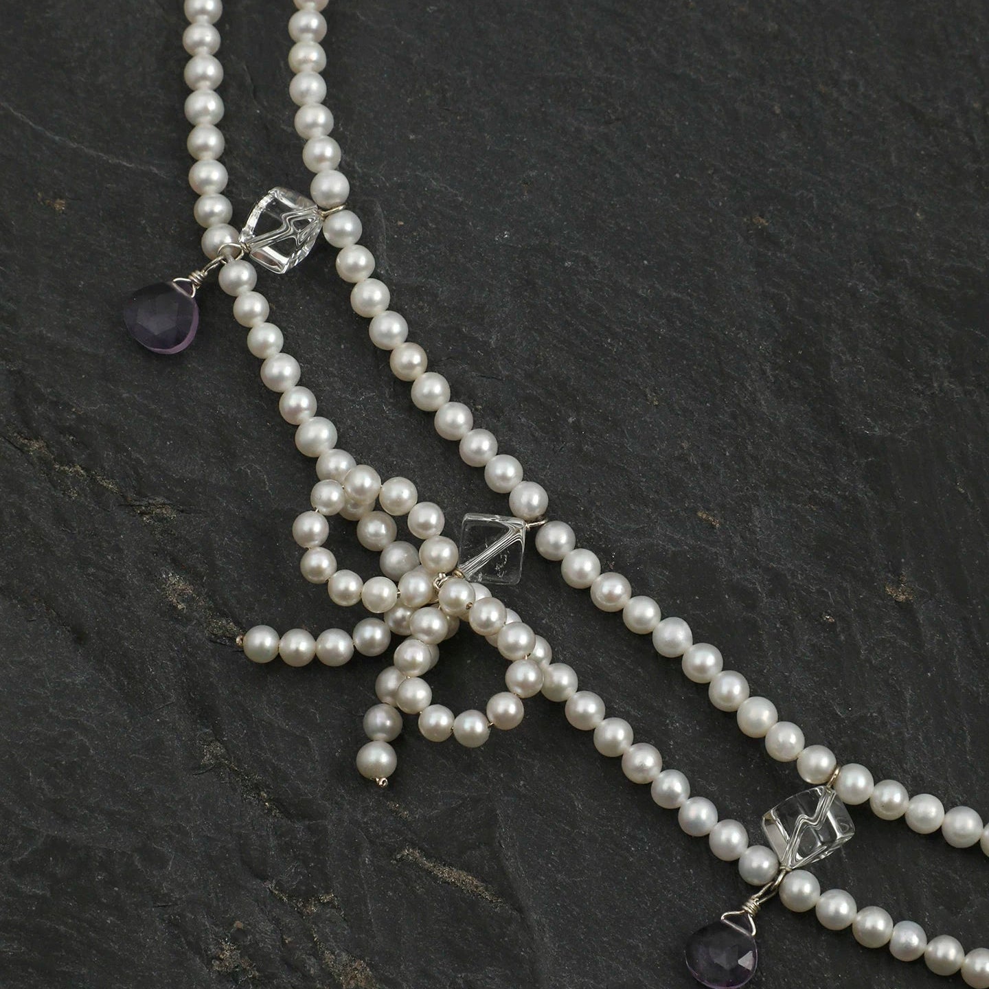Double-Strand Pearl, Amethyst & Clear Quartz Necklace – alternate view 5