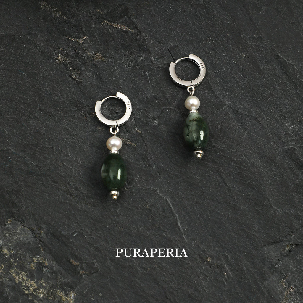 Moss Agate & Freshwater Pearl Drop Earrings