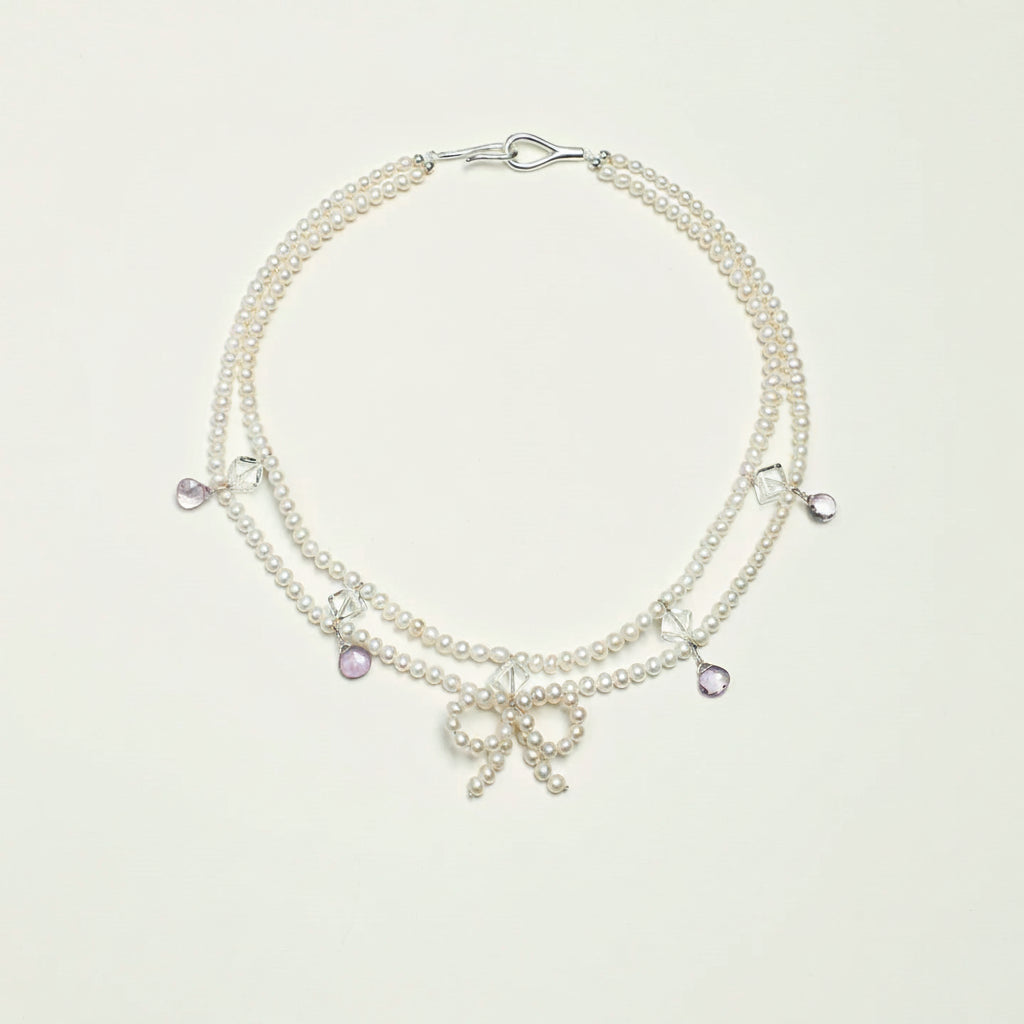 Double-Strand Pearl, Amethyst & Clear Quartz Necklace – alternate view 6