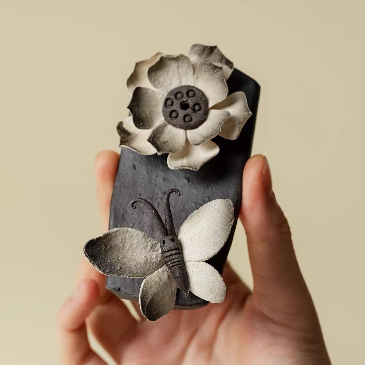 Hand-Sculpted Floral Ceramic Incense Holder