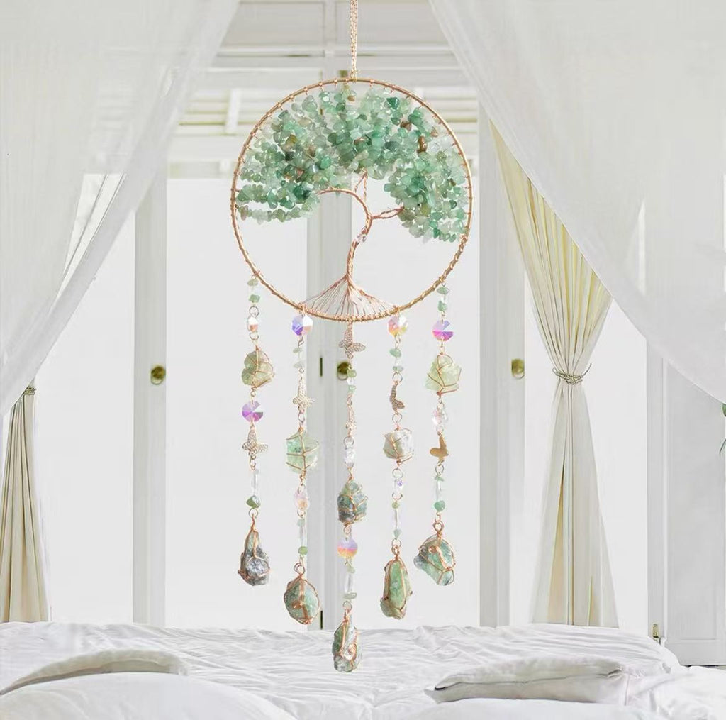 Bohemian Tree of Life Sun Catcher Wall Hanging – Handmade Crystal Dreamcatcher Decor