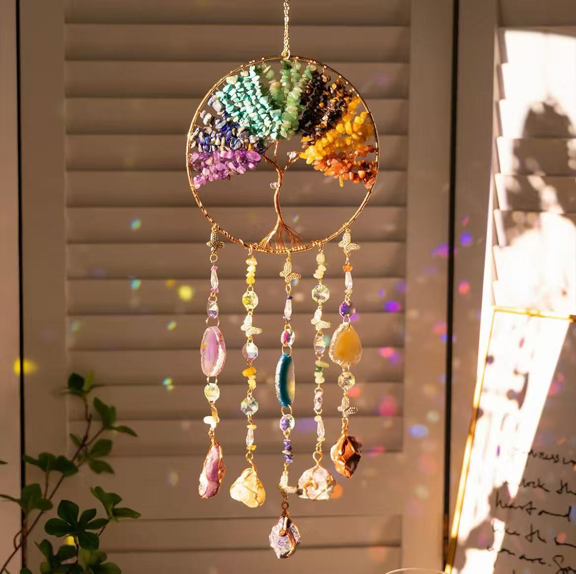 Bohemian Tree of Life Sun Catcher Wall Hanging – Handmade Crystal Dreamcatcher Decor