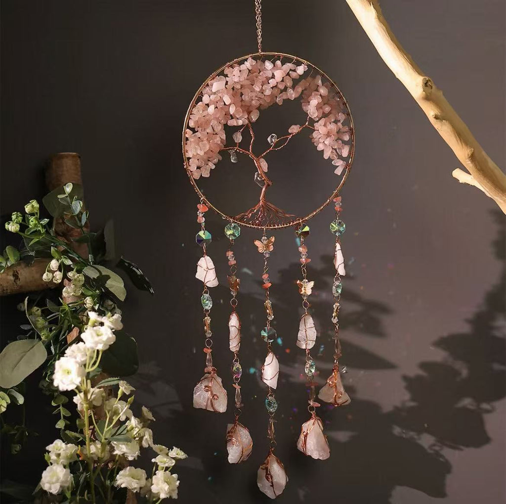 Bohemian Tree of Life Sun Catcher Wall Hanging – Handmade Crystal Dreamcatcher Decor