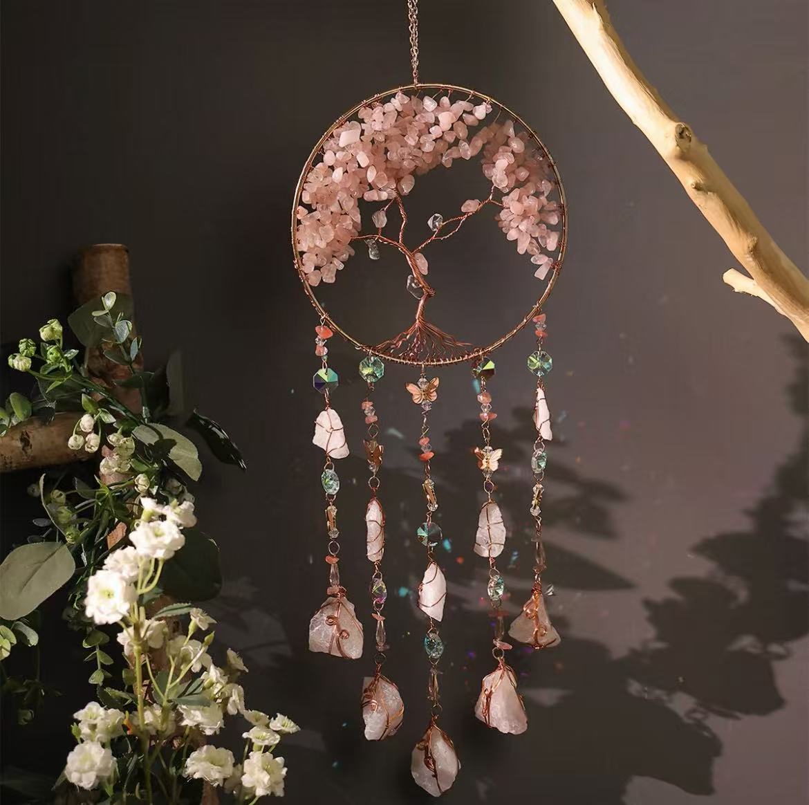 Bohemian Tree of Life Sun Catcher Wall Hanging – Handmade Crystal Dreamcatcher Decor
