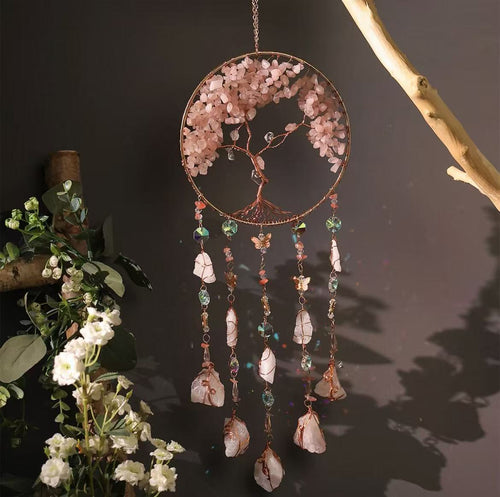 Bohemian Tree of Life Sun Catcher Wall Hanging – Handmade Crystal Dreamcatcher Decor