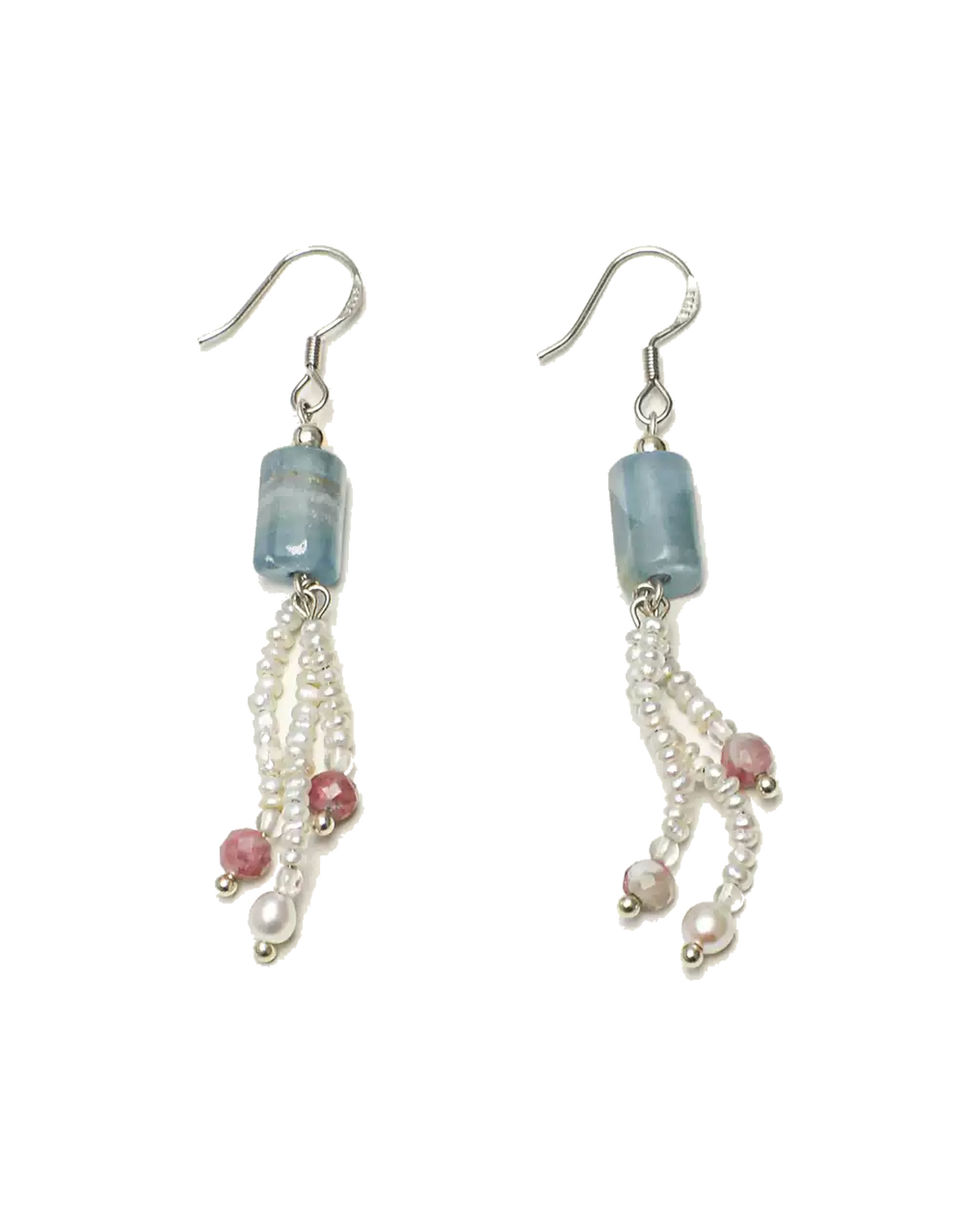 Blue Calcite, Tourmaline & Pearl Tassel Earrings