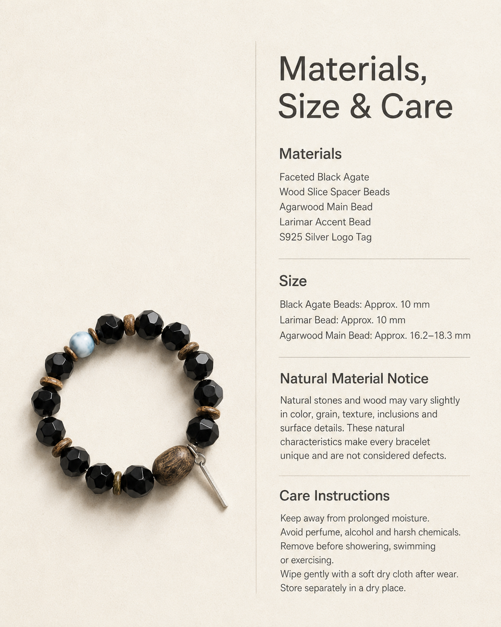 Black agate bracelet materials, bead sizes and care information