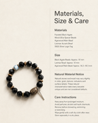 Black agate bracelet materials, bead sizes and care information