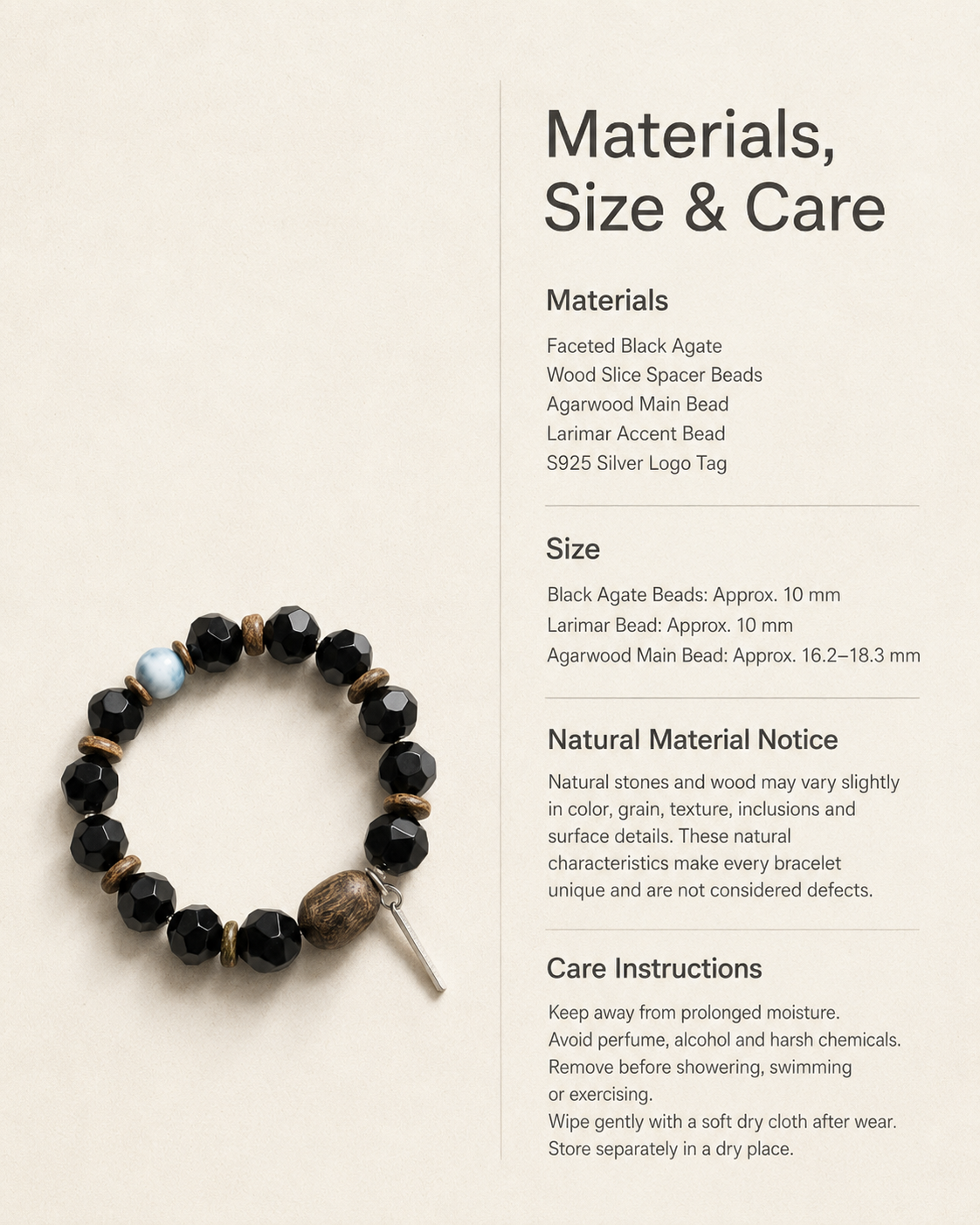 Black agate bracelet materials, bead sizes and care information