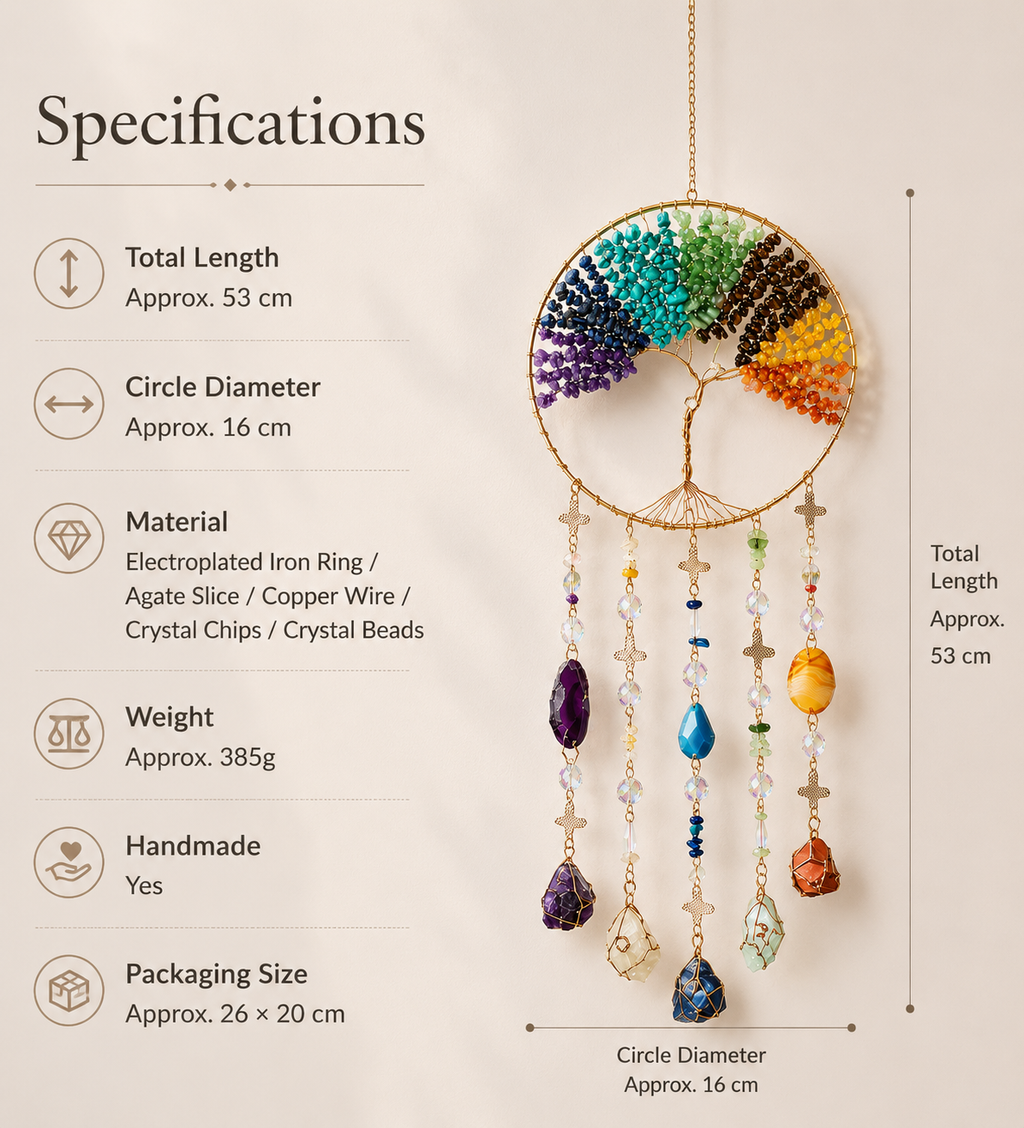 Bohemian Tree of Life Sun Catcher Wall Hanging – Handmade Crystal Dreamcatcher Decor