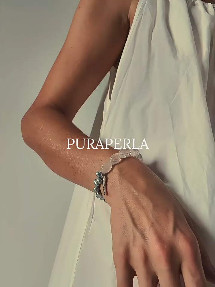 Asymmetric Gray Pearl & Carved Clear Quartz Bracelet